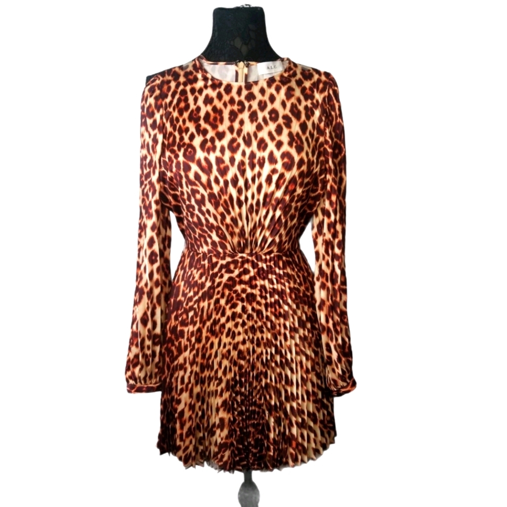 NWOT A.L.C Leopard Long Sleeve Pleated Mini dress